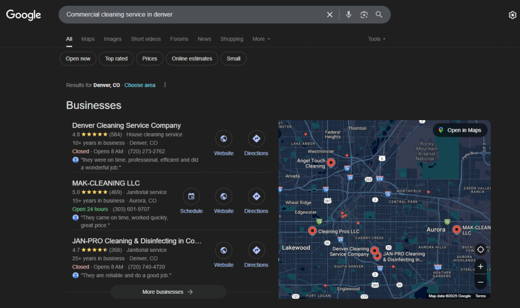 Google maps result on SERP for commercial cleaning service in denver