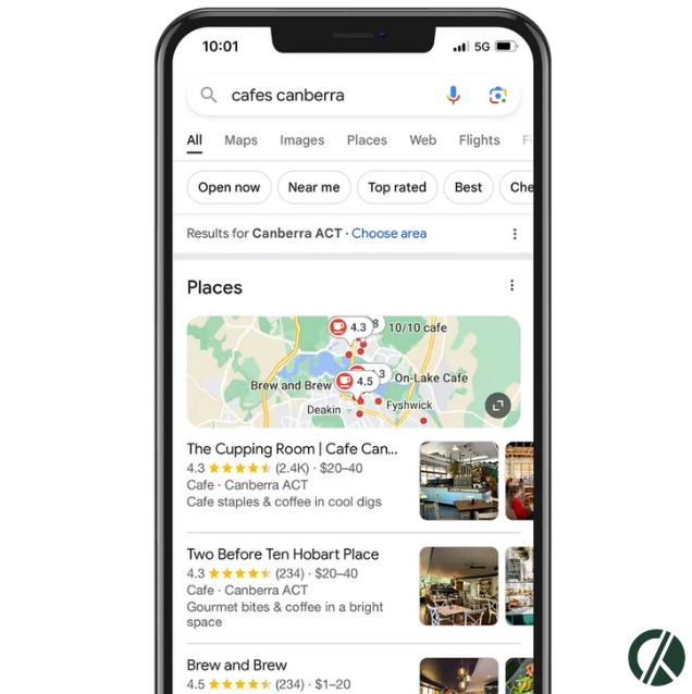 a mobile phone displaying local search results
